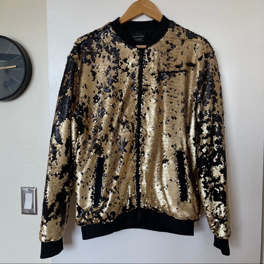 ZARA MAN GOLD AND BLACK SEQUIN VARSITY JACKET
